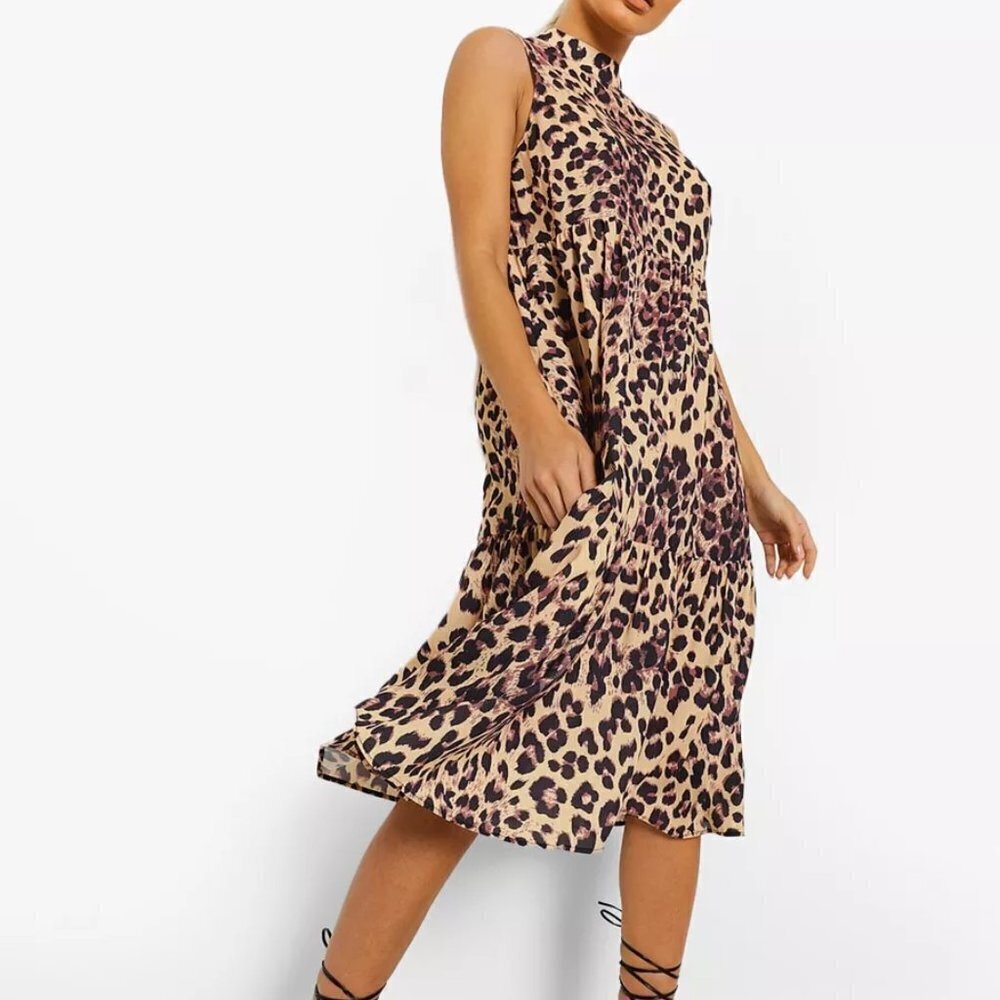 Boohoo Leopard‎ Print Tiered Midi Mock Neck Dress High Neck Sleeveless Size 14